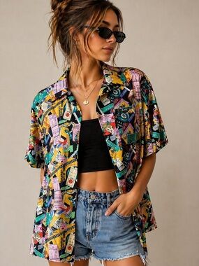 Vintage Nicole Miller 1990 Limited Shopaholic Print Silk Button Down NYC Shirt